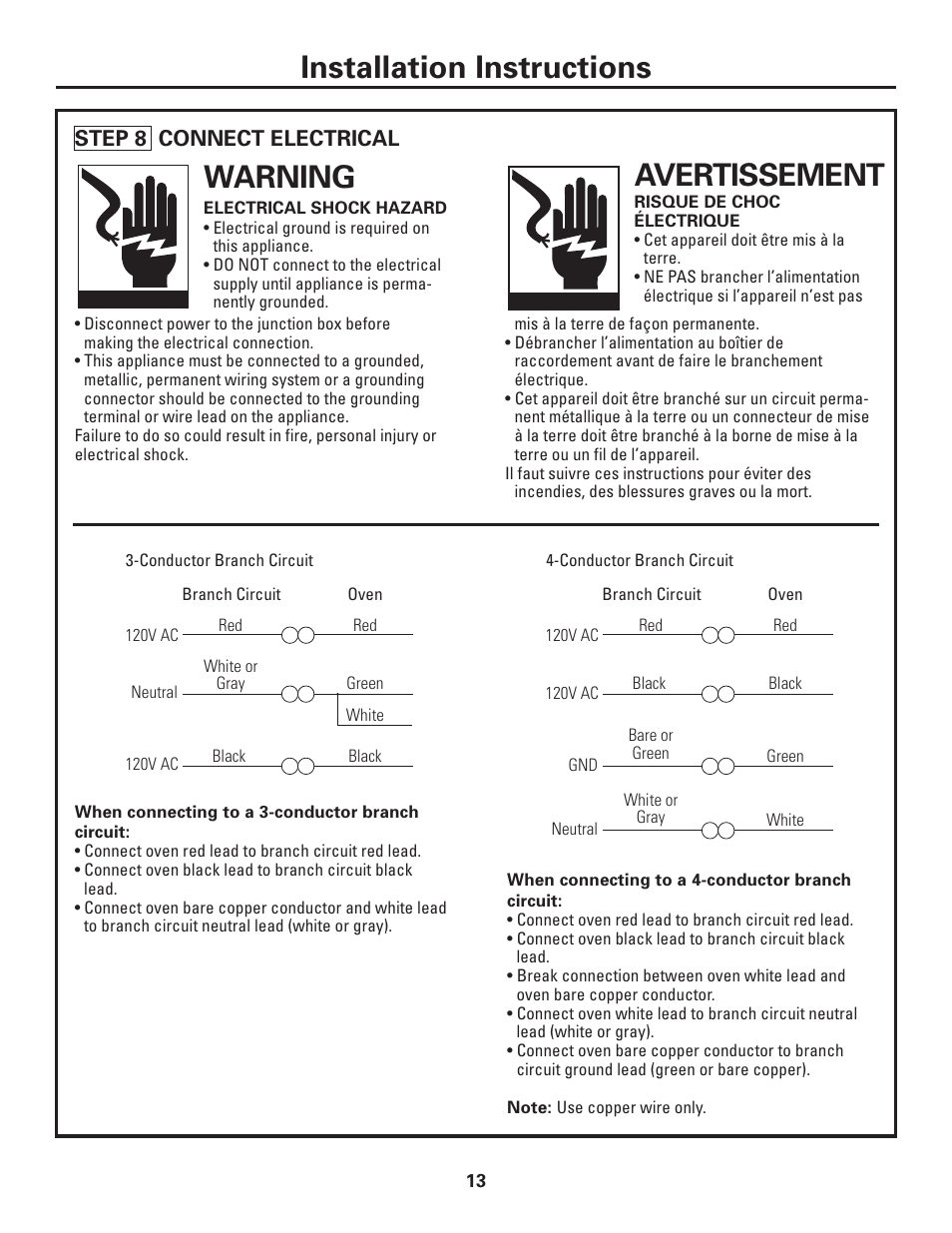 Installation instructions, Warning, Avertissement | GE ZET1038 User Manual | Page 13 / 16