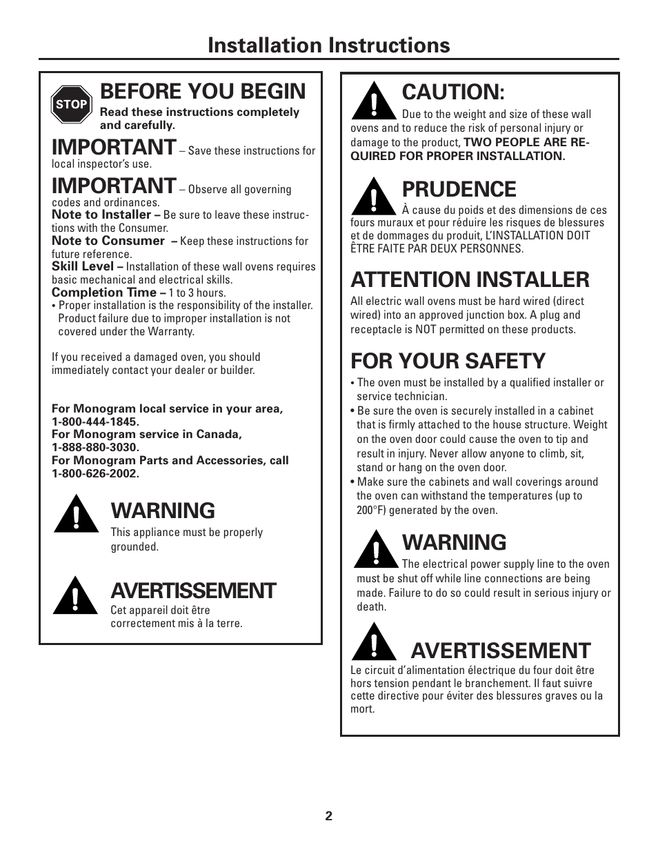 Installation instructions caution, Prudence, Attention installer | For your safety, Warning, Avertissement, Before you begin, Important | GE ZET1038 User Manual | Page 2 / 16