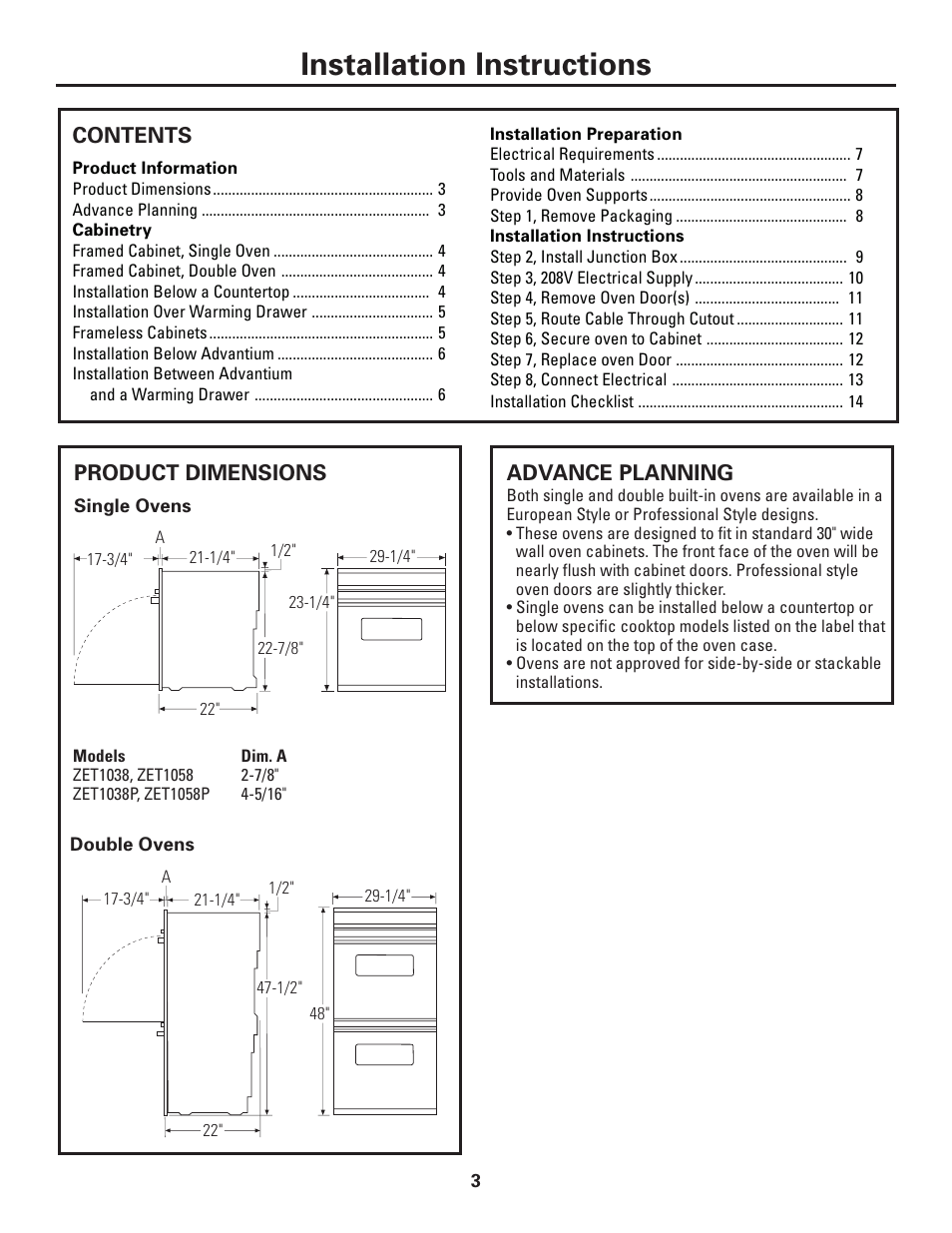 Installation instructions | GE ZET1038 User Manual | Page 3 / 16