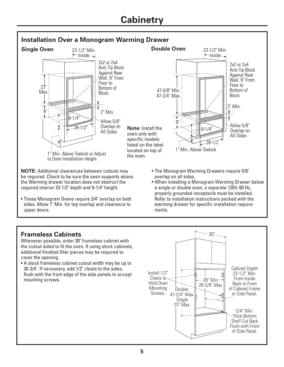 Cabinetry, Installation over a monogram warming drawer, Frameless cabinets | GE ZET1038 User Manual | Page 5 / 16