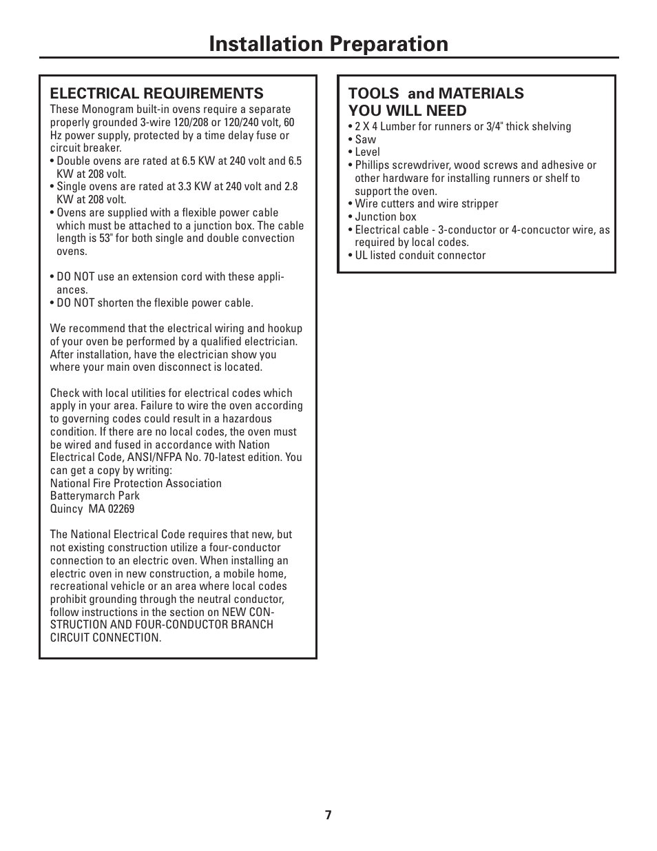 Installation preparation | GE ZET1038 User Manual | Page 7 / 16