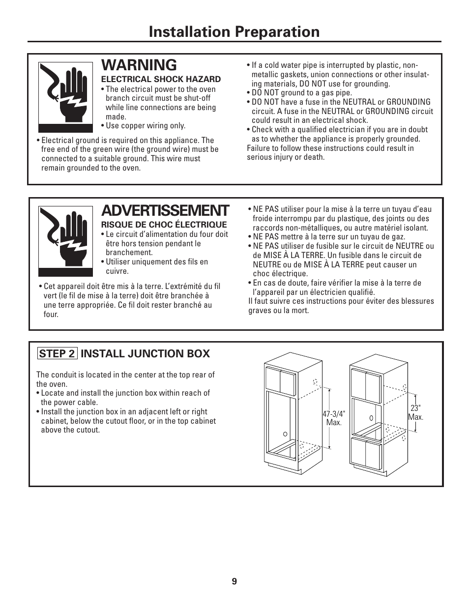 Warning, Installation preparation advertissement | GE ZET1038 User Manual | Page 9 / 16