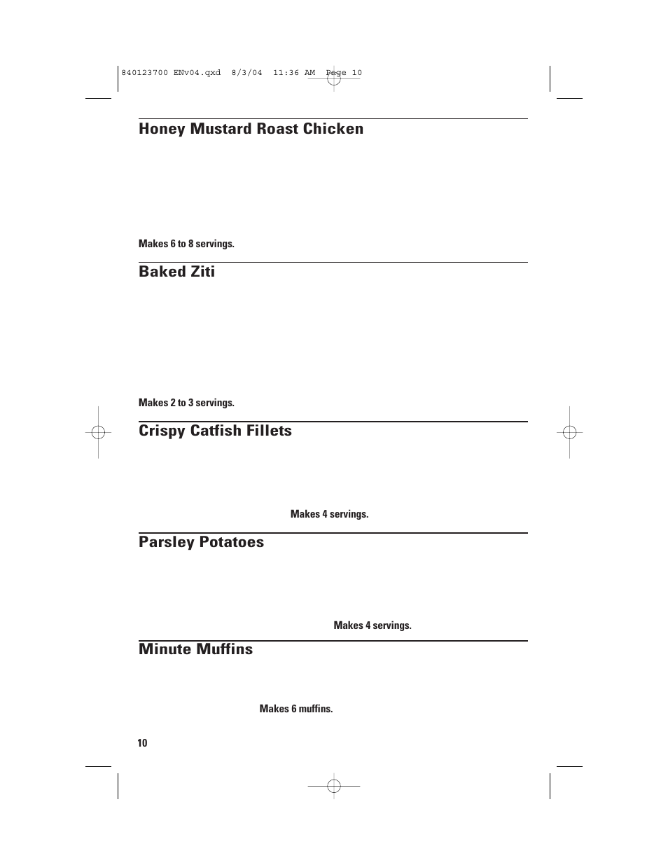 Honey mustard roast chicken, Baked ziti, Crispy catfish fillets | Parsley potatoes, Minute muffins | GE 168989 User Manual | Page 10 / 48