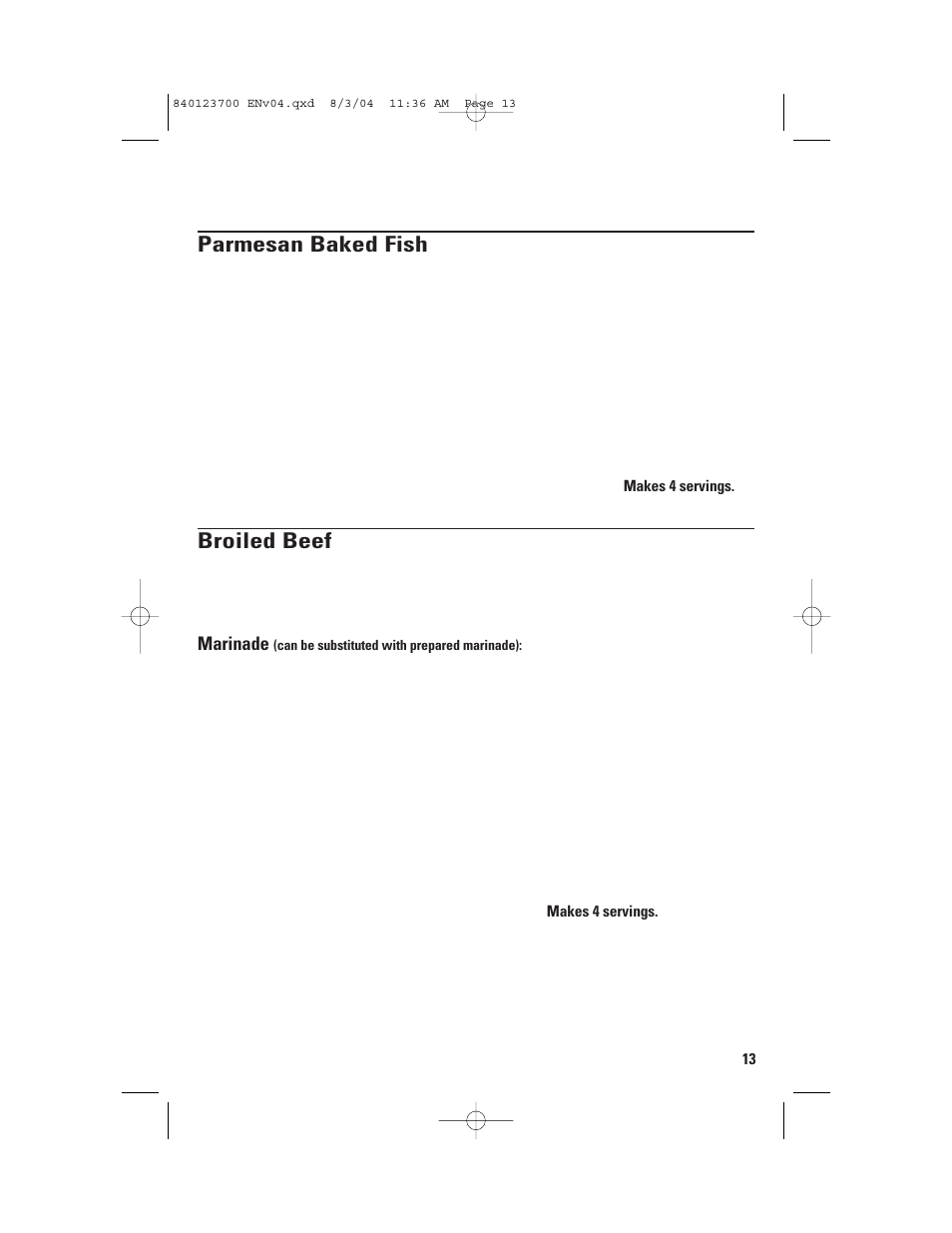 Broiling recipes, Parmesan baked fish, Broiled beef | GE 168989 User Manual | Page 13 / 48