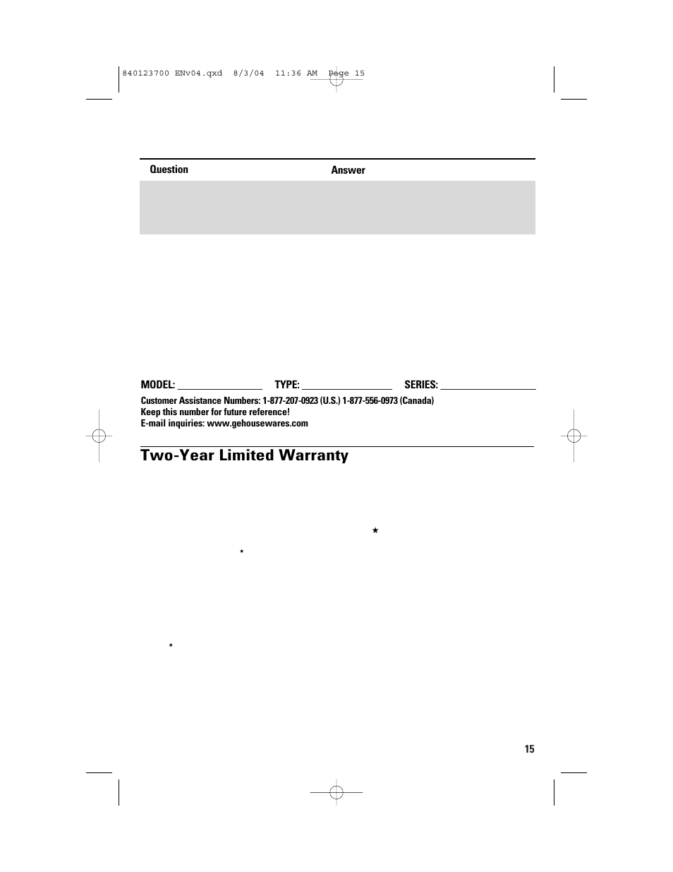 Troubleshooting, Customer assistance, Two-year limited warranty | GE 168989 User Manual | Page 15 / 48