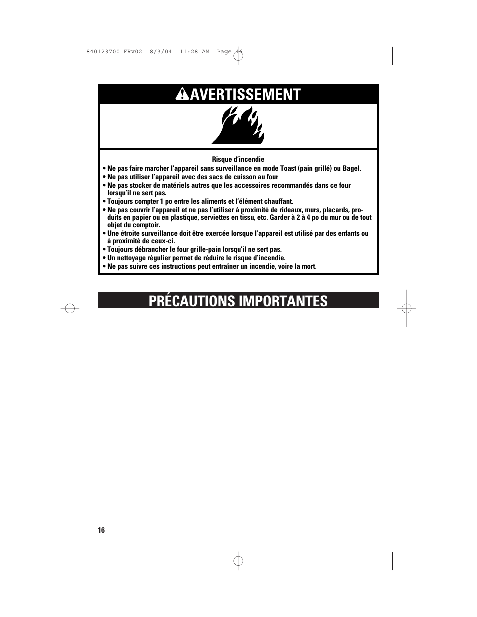 Wavertissement, Précautions importantes | GE 168989 User Manual | Page 16 / 48