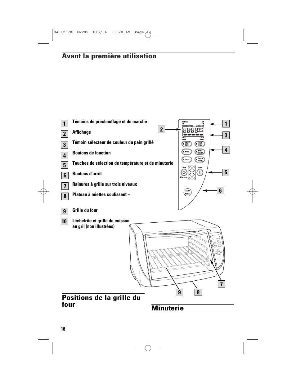 Pièces et fonctions, Avant la première utilisation, Positions de la grille du four | Minuterie | GE 168989 User Manual | Page 18 / 48