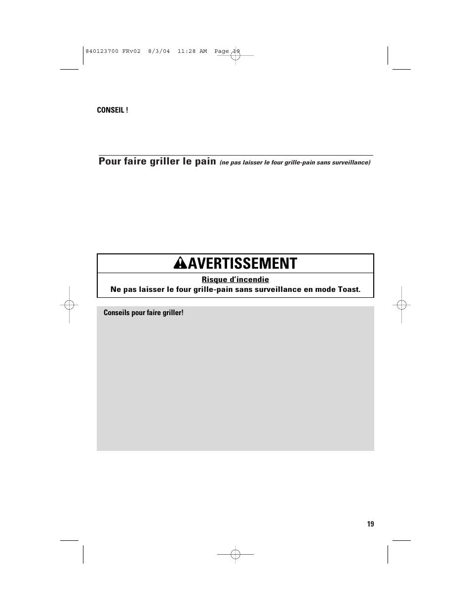 Emploi du four grille-pain, Wavertissement | GE 168989 User Manual | Page 19 / 48