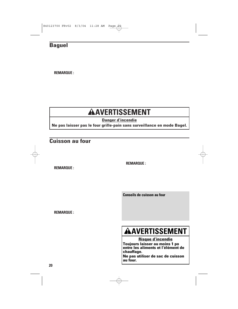 Wavertissement, Baguel, Cuisson au four | GE 168989 User Manual | Page 20 / 48