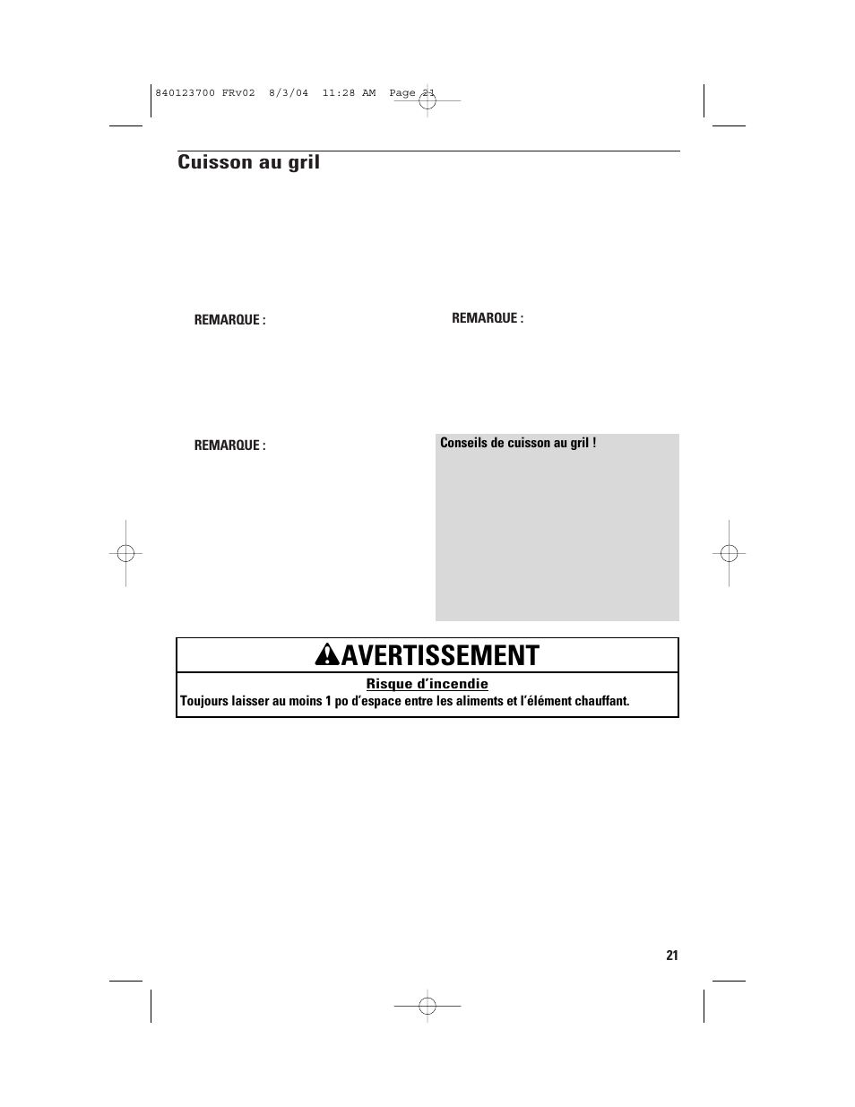 Wavertissement, Cuisson au gril | GE 168989 User Manual | Page 21 / 48