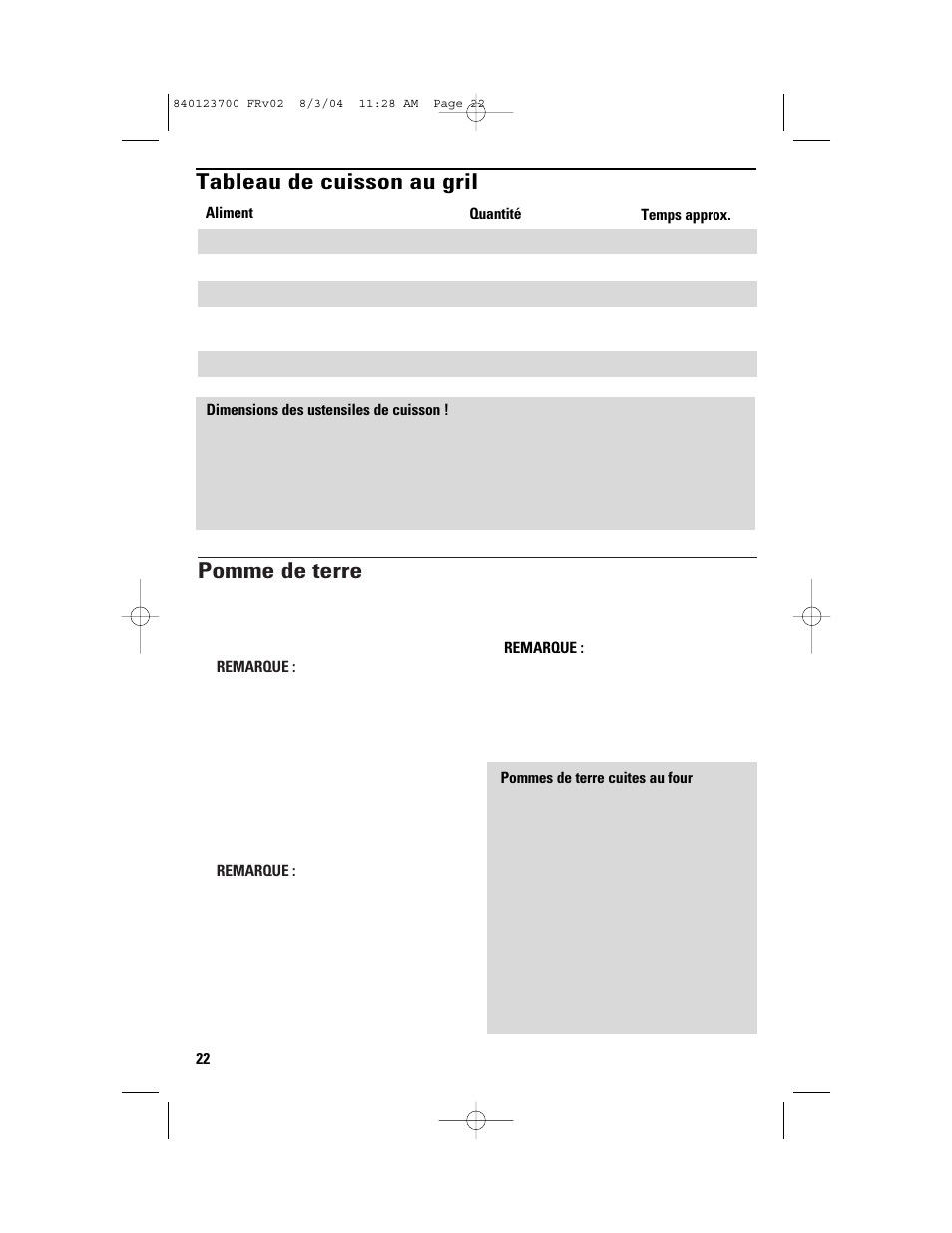 Pomme de terre, Tableau de cuisson au gril | GE 168989 User Manual | Page 22 / 48