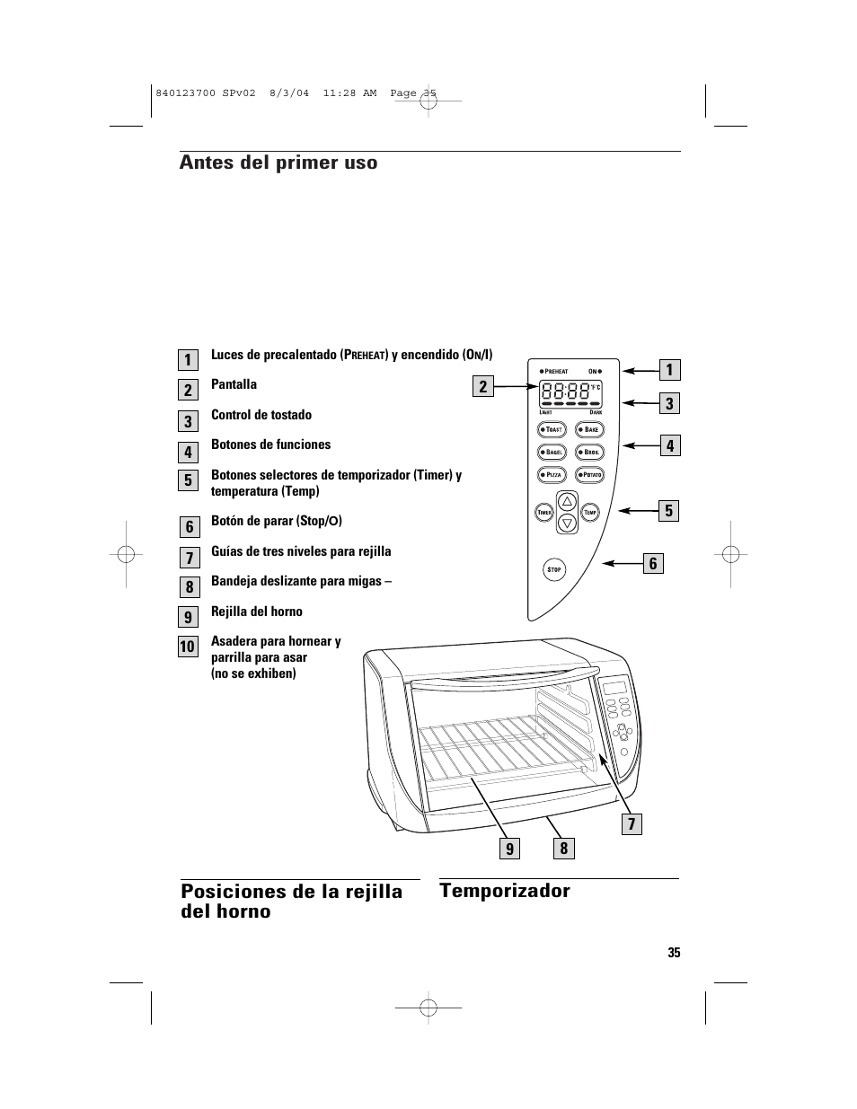 Piezas y características, Antes del primer uso, Posiciones de la rejilla del horno | Temporizador | GE 168989 User Manual | Page 35 / 48