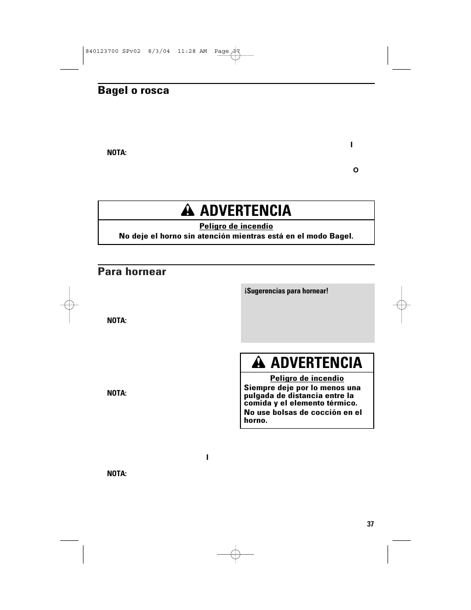 Wadvertencia, Para hornear, Bagel o rosca | GE 168989 User Manual | Page 37 / 48