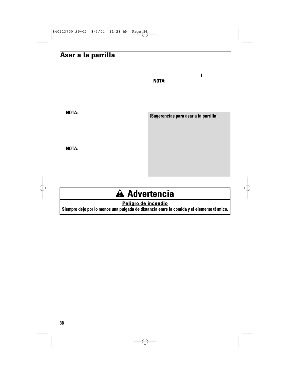 Wadvertencia, Asar a la parrilla | GE 168989 User Manual | Page 38 / 48