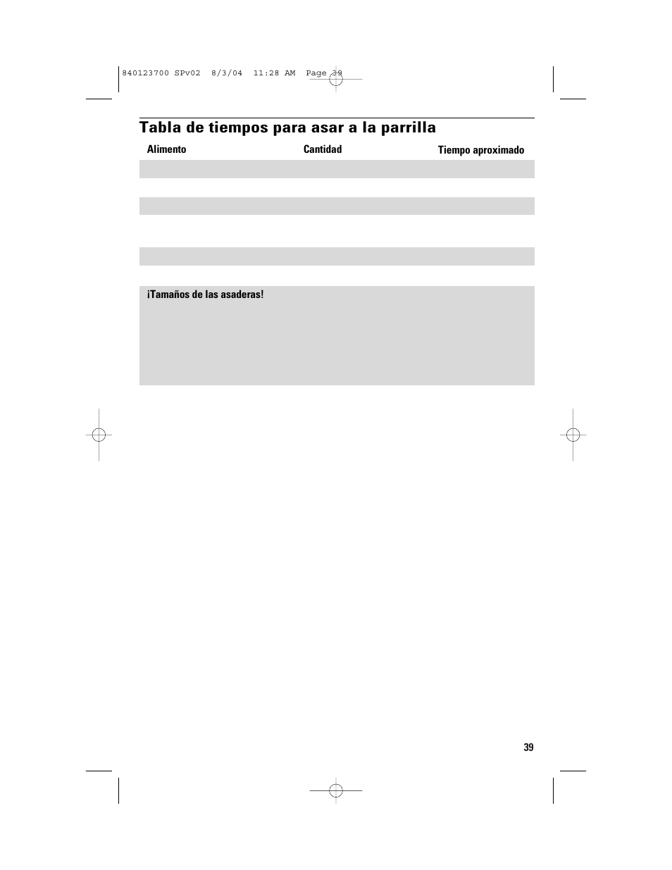 Tabla de tiempos para asar a la parrilla | GE 168989 User Manual | Page 39 / 48