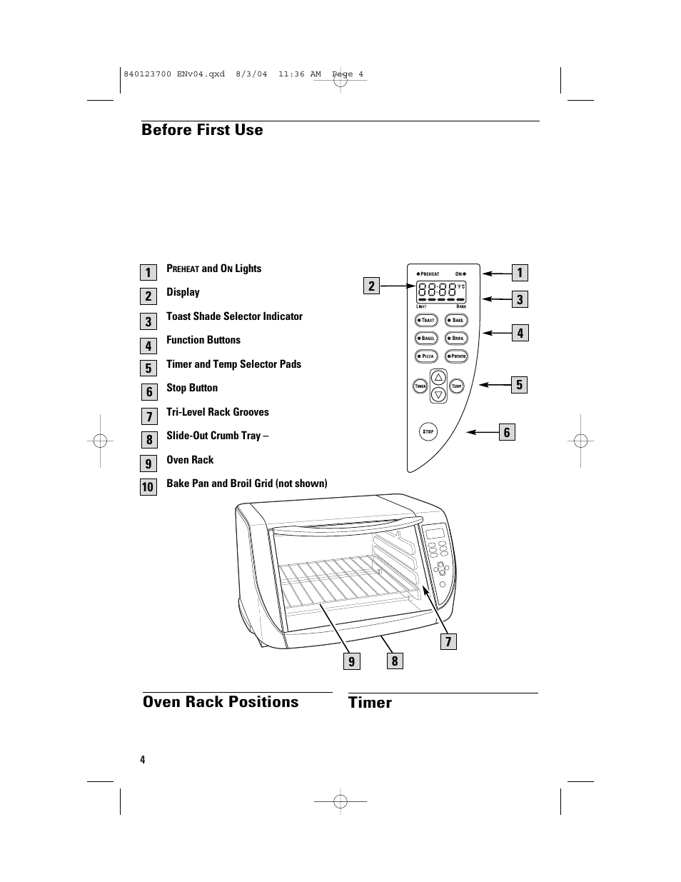 Parts and features, Oven rack positions, Before first use | Timer | GE 168989 User Manual | Page 4 / 48