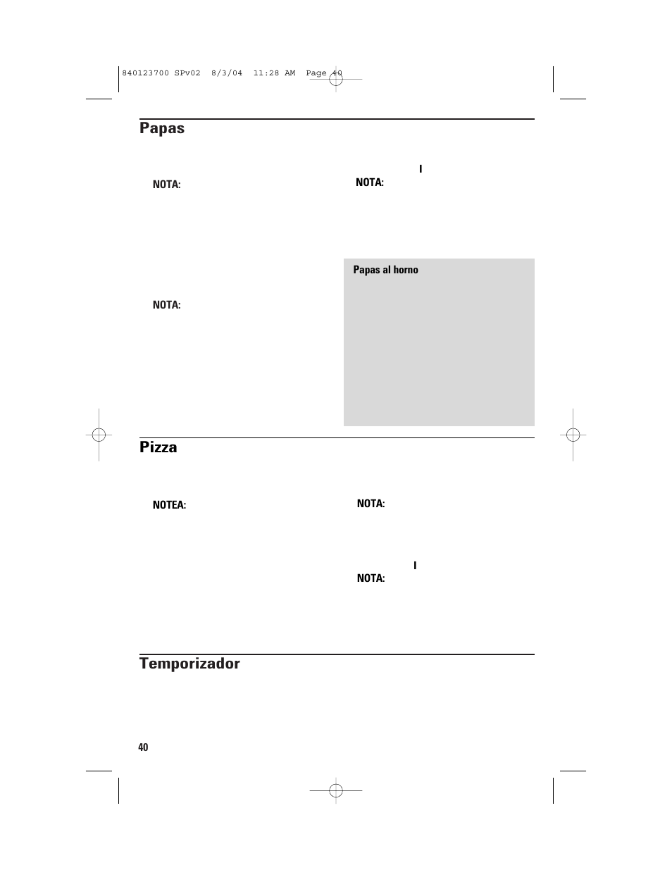 Temporizador, Papas, Pizza | GE 168989 User Manual | Page 40 / 48