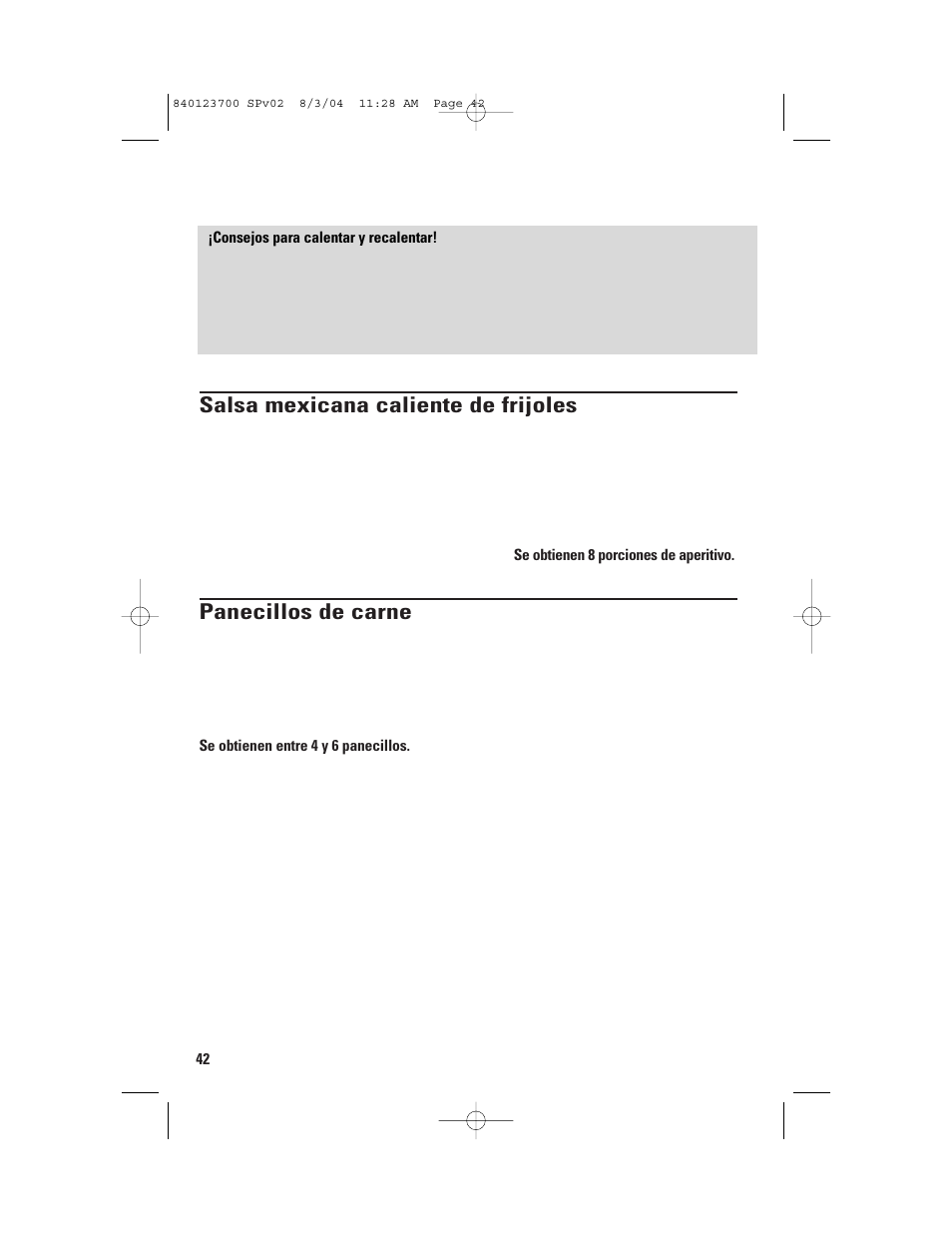 Recetas en el horno, Salsa mexicana caliente de frijoles, Panecillos de carne | GE 168989 User Manual | Page 42 / 48