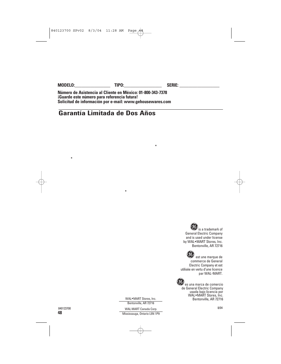 Asistencia al cliente, Garantía limitada de dos años | GE 168989 User Manual | Page 48 / 48