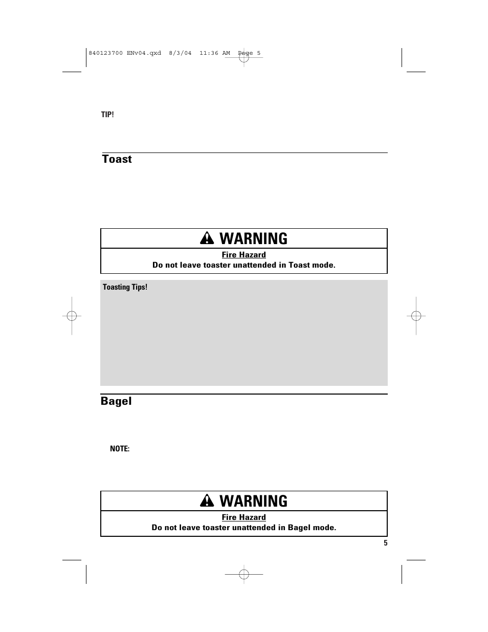 Using your toaster oven, Wwarning, Toast | Bagel | GE 168989 User Manual | Page 5 / 48