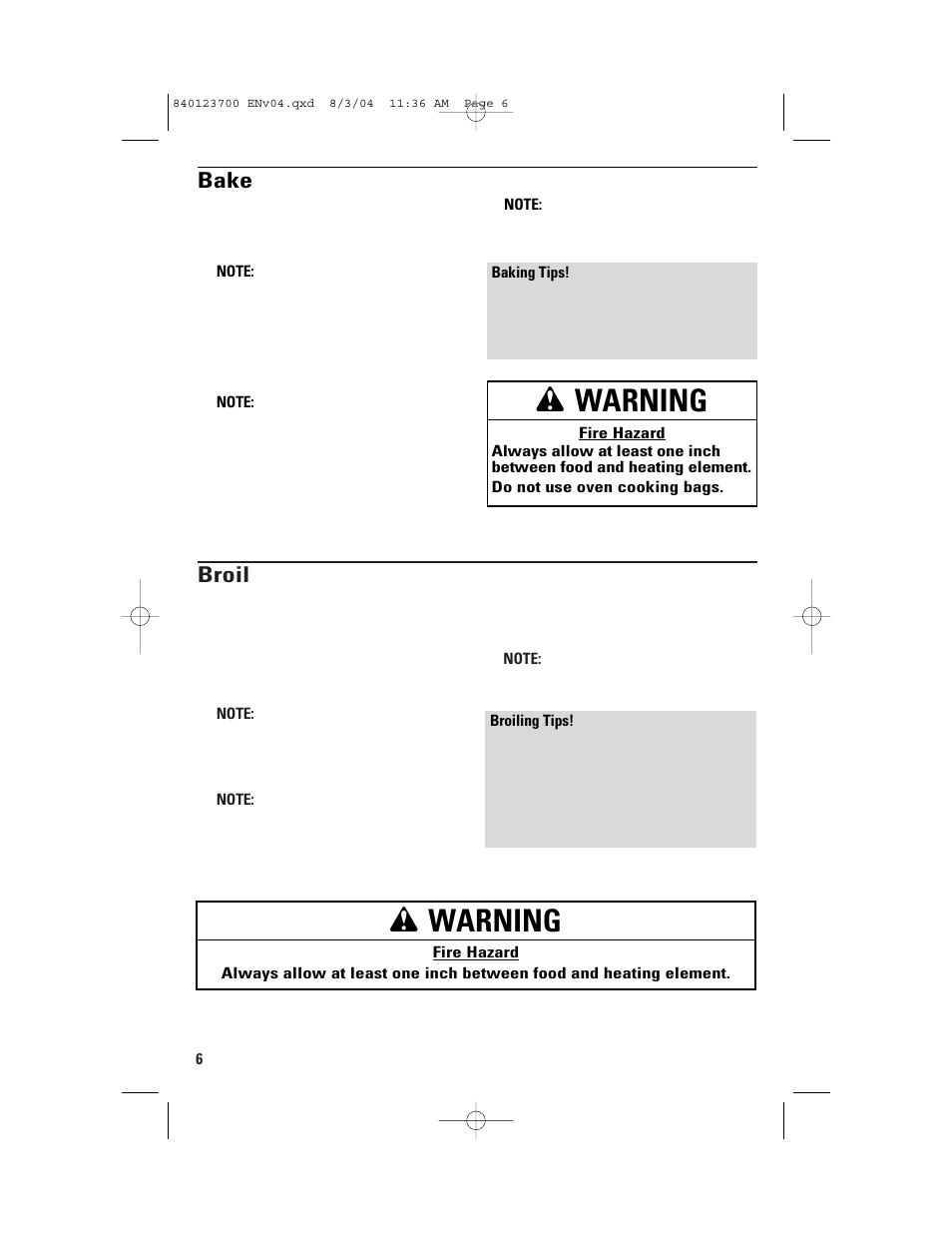 Wwarning, Broil, Bake | GE 168989 User Manual | Page 6 / 48