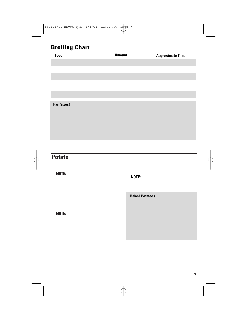 Potato, Broiling chart | GE 168989 User Manual | Page 7 / 48