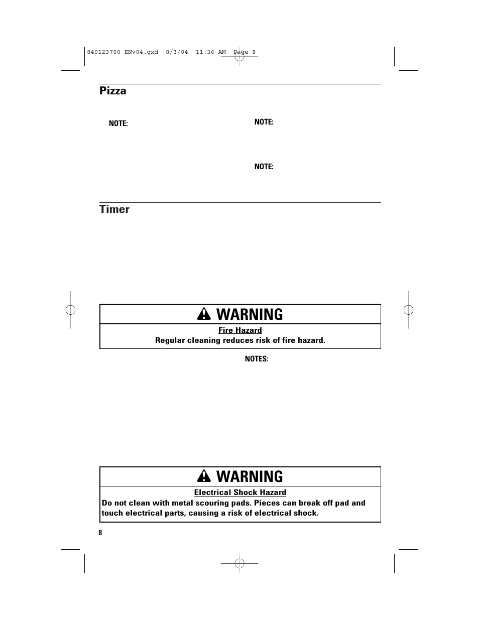 Cleaning your toaster oven, Wwarning, Timer | Pizza | GE 168989 User Manual | Page 8 / 48