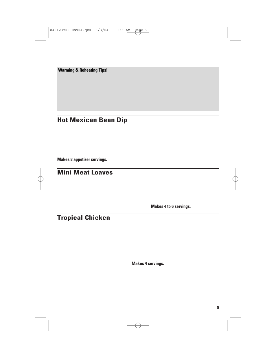 Baking recipes, Hot mexican bean dip, Mini meat loaves | Tropical chicken | GE 168989 User Manual | Page 9 / 48