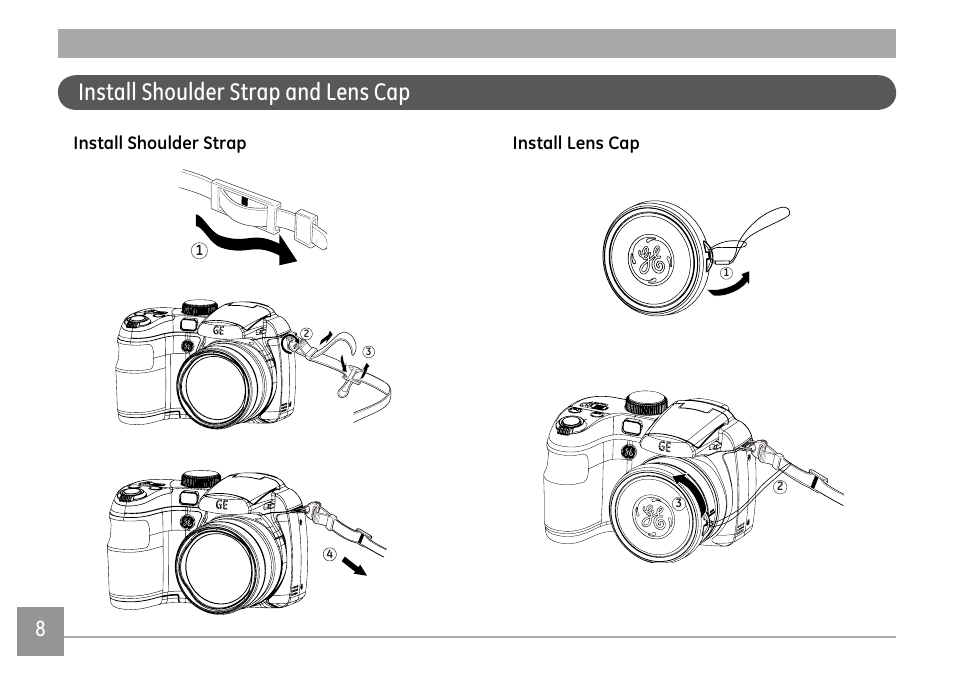 Install shoulder strap and lens cap | GE X500 User Manual | Page 11 / 89