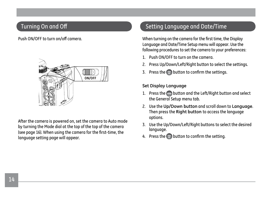 Setting language and date/time | GE X500 User Manual | Page 17 / 89