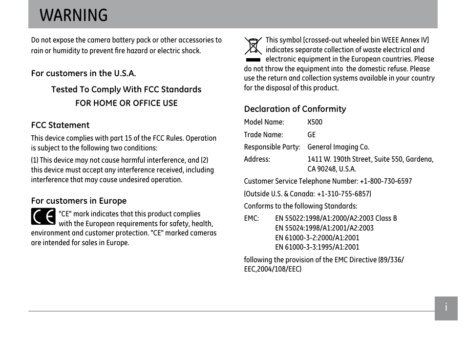 Warning | GE X500 User Manual | Page 2 / 89