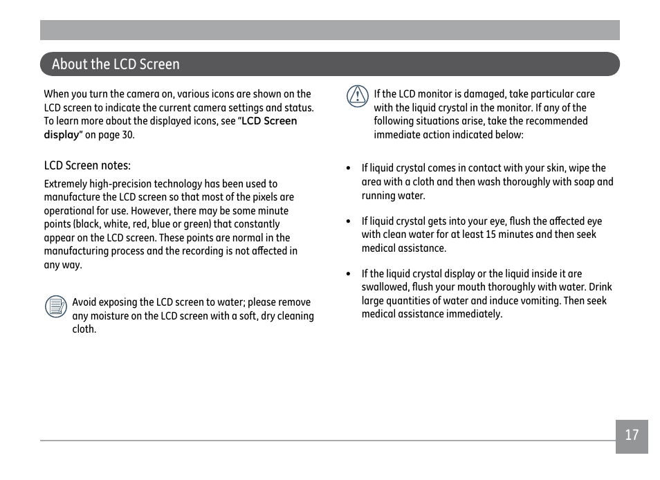 About the lcd screen | GE X500 User Manual | Page 20 / 89