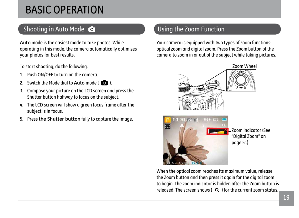 Basic operation, Shooting in auto mode, Using the zoom function | GE X500 User Manual | Page 22 / 89