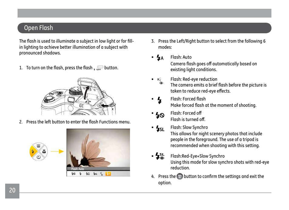 20 open flash | GE X500 User Manual | Page 23 / 89