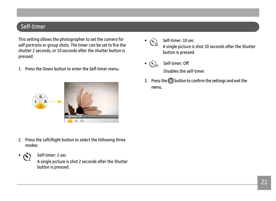 21 self-timer | GE X500 User Manual | Page 24 / 89