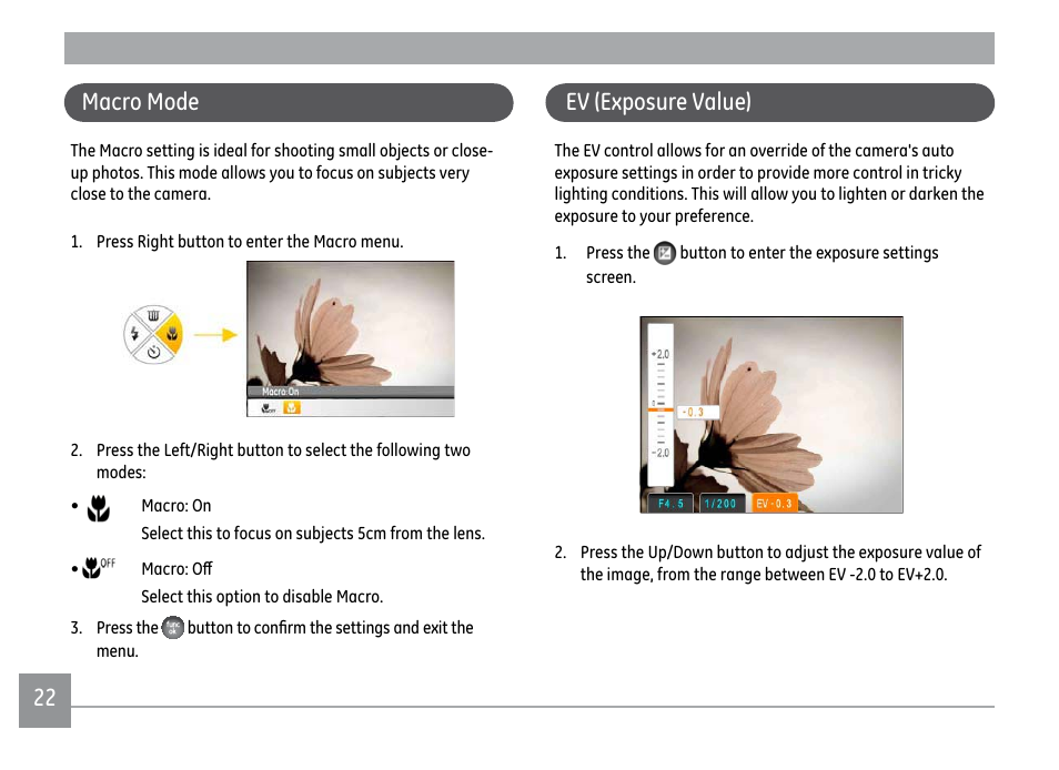 22 macro mode, Ev (exposure value) | GE X500 User Manual | Page 25 / 89