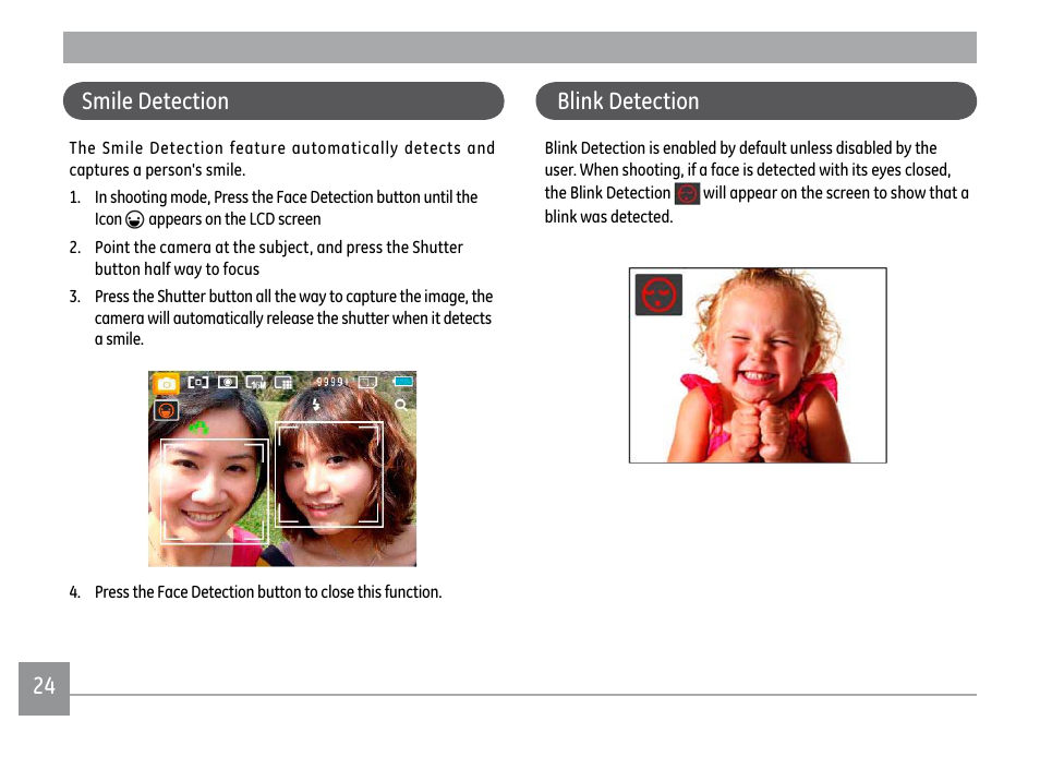 24 smile detection, Blink detection | GE X500 User Manual | Page 27 / 89