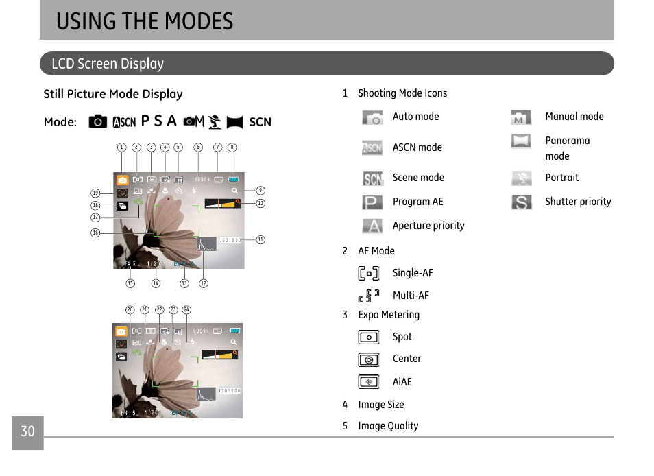 Using the modes, P s a, 30 lcd screen display | Still picture mode display mode: ġ | GE X500 User Manual | Page 33 / 89