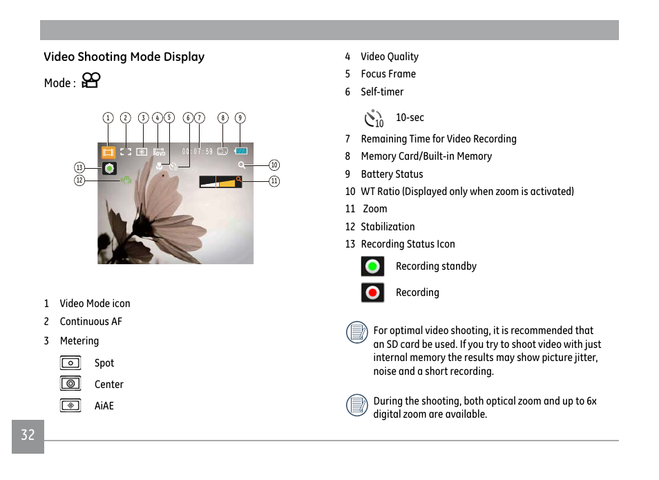 Video shooting mode display mode | GE X500 User Manual | Page 35 / 89