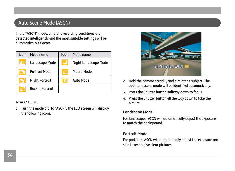 Auto scene mode (ascn) | GE X500 User Manual | Page 37 / 89