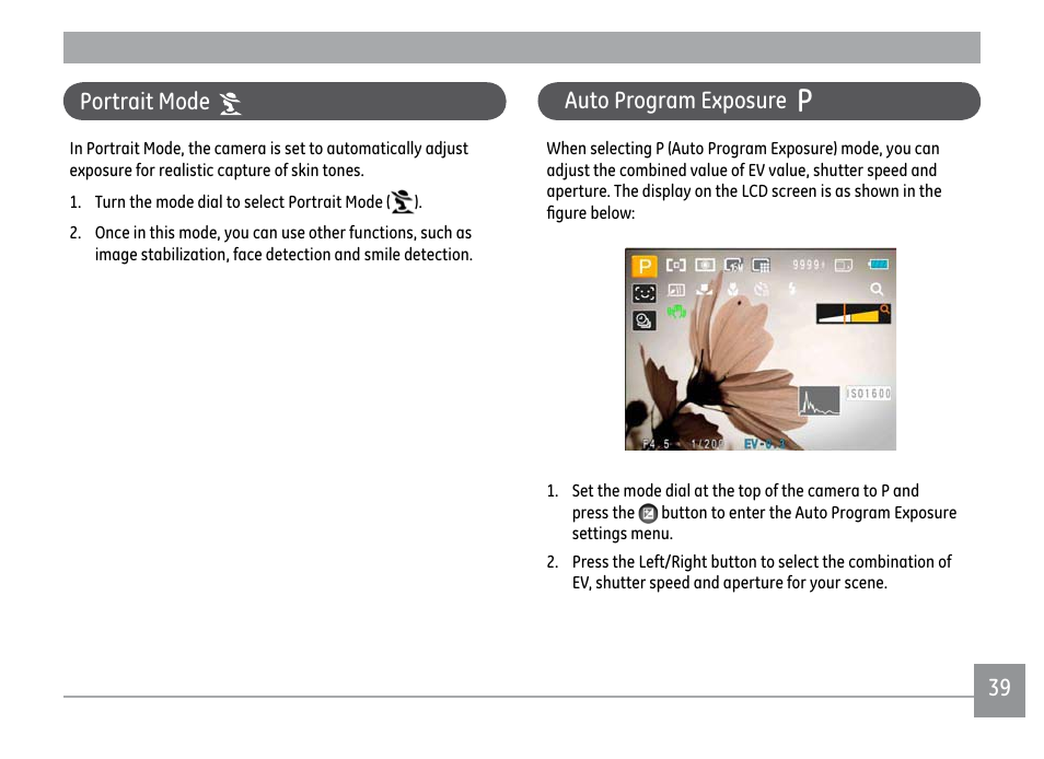 Auto program exposure, Portrait mode | GE X500 User Manual | Page 42 / 89