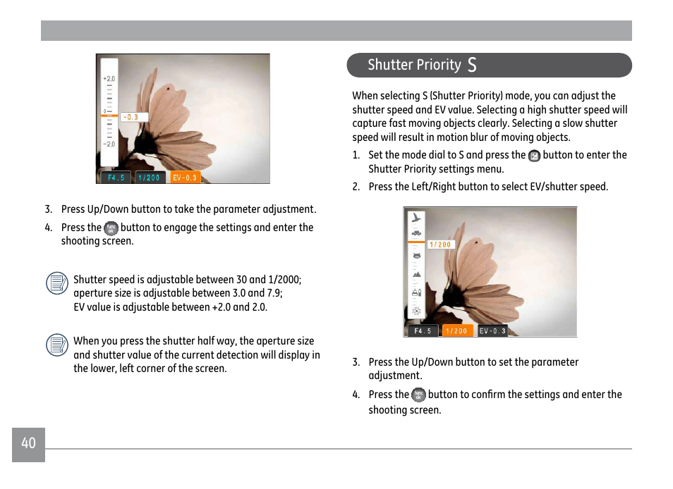 40 shutter priority | GE X500 User Manual | Page 43 / 89