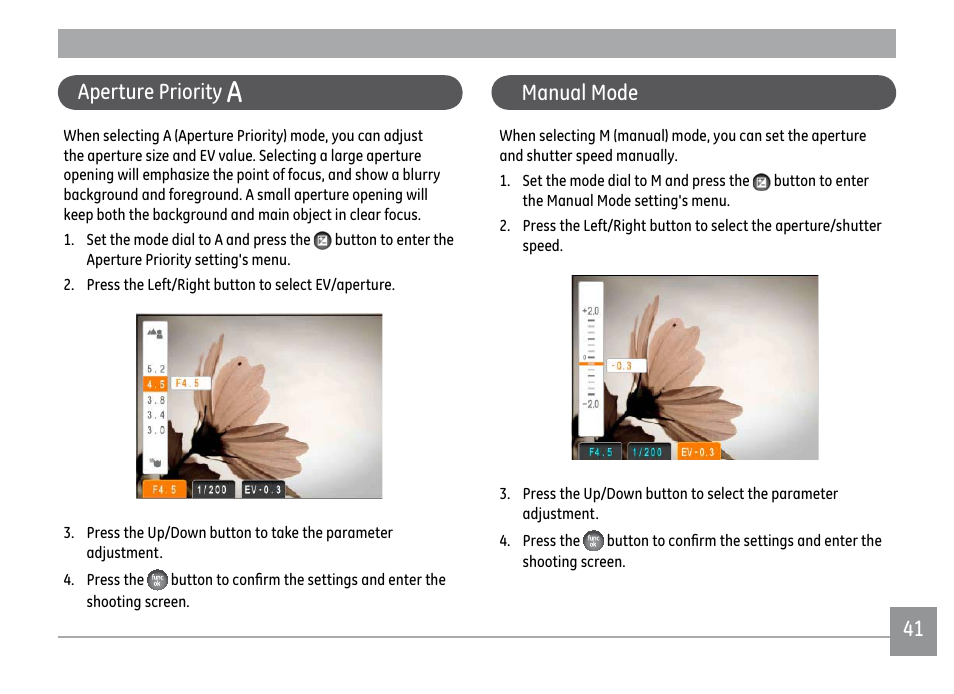 41 aperture priority, Manual mode | GE X500 User Manual | Page 44 / 89