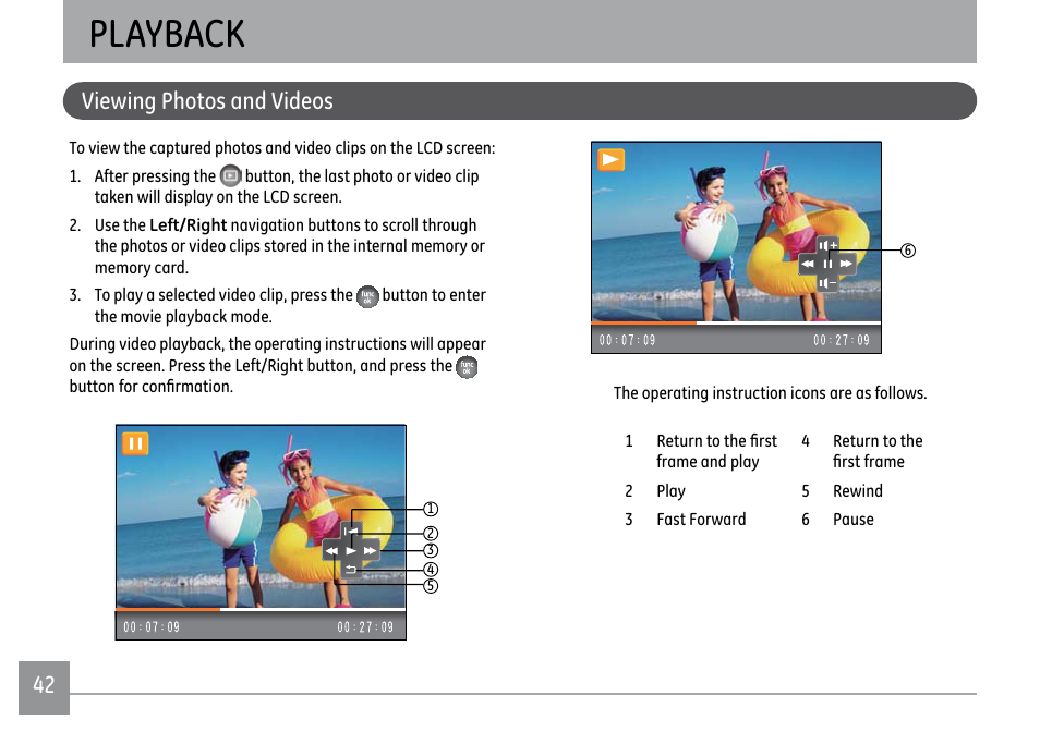 Playback, 42 viewing photos and videos | GE X500 User Manual | Page 45 / 89