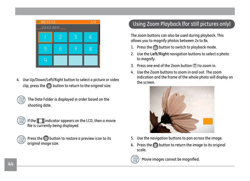 44 using zoom playback (for still pictures only) | GE X500 User Manual | Page 47 / 89