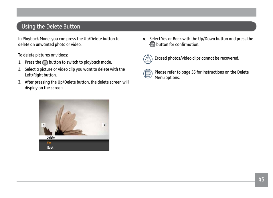 45 using the delete button | GE X500 User Manual | Page 48 / 89