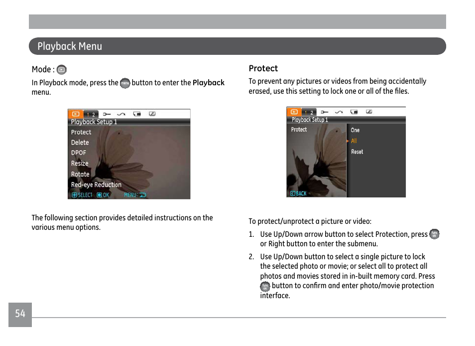 54 playback menu | GE X500 User Manual | Page 57 / 89