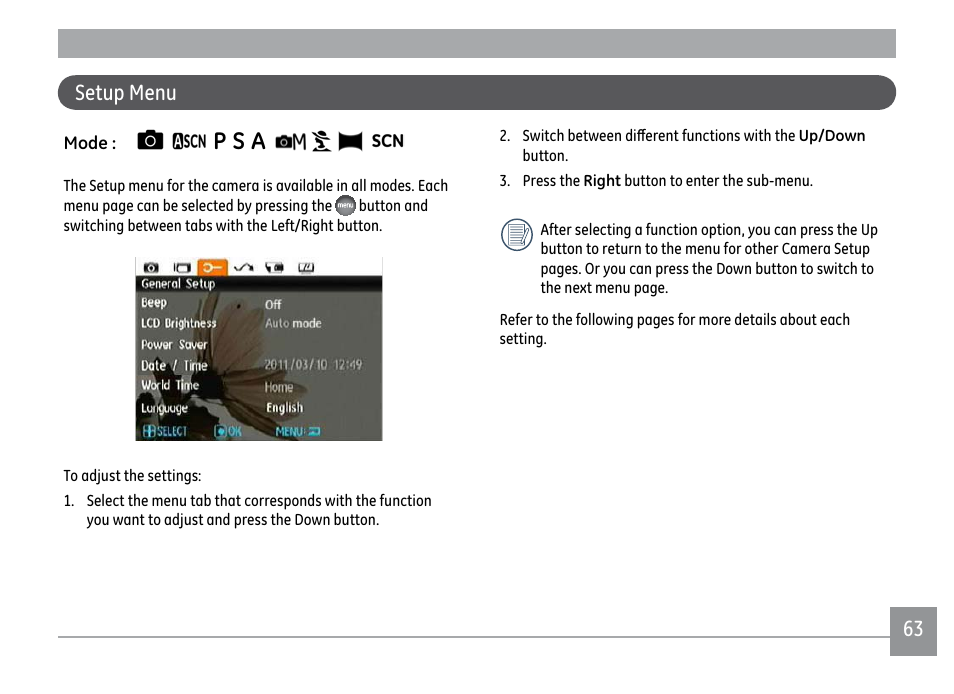 P s a, 63 setup menu | GE X500 User Manual | Page 66 / 89
