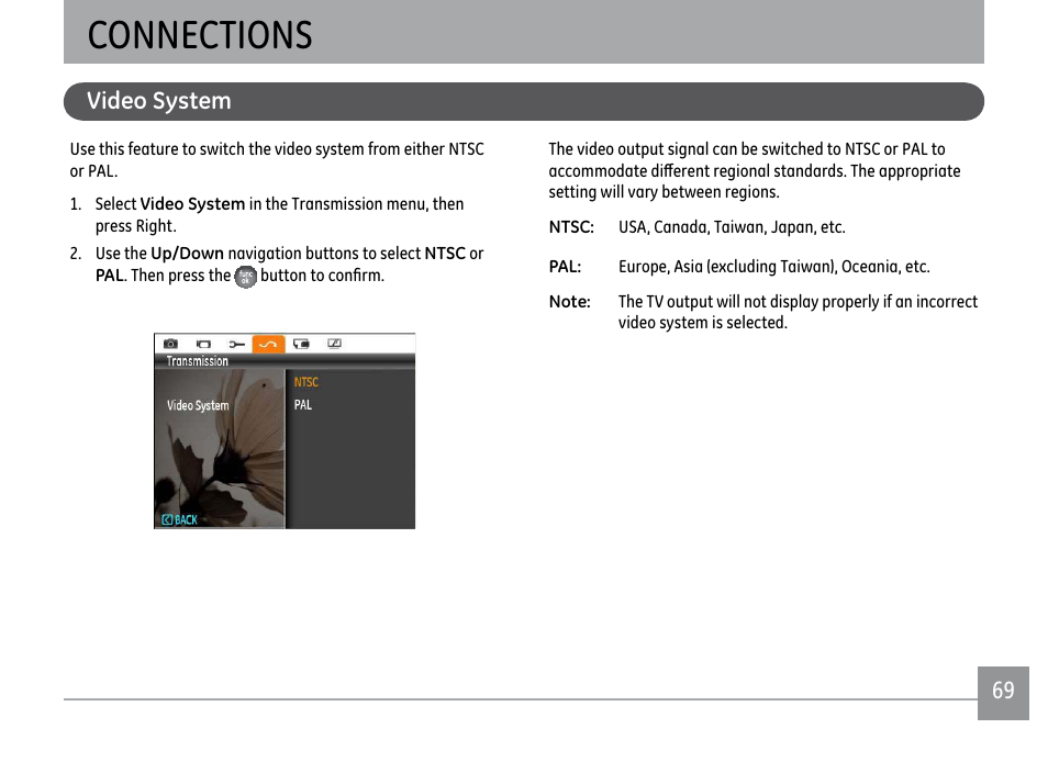 Connections, Video system | GE X500 User Manual | Page 72 / 89