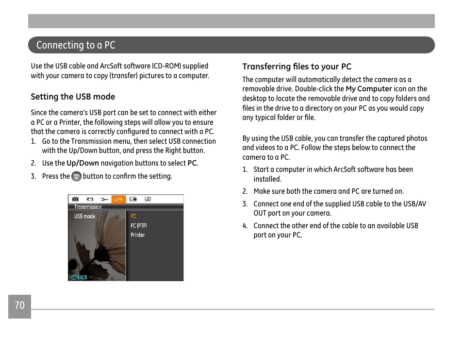 70 connecting to a pc | GE X500 User Manual | Page 73 / 89